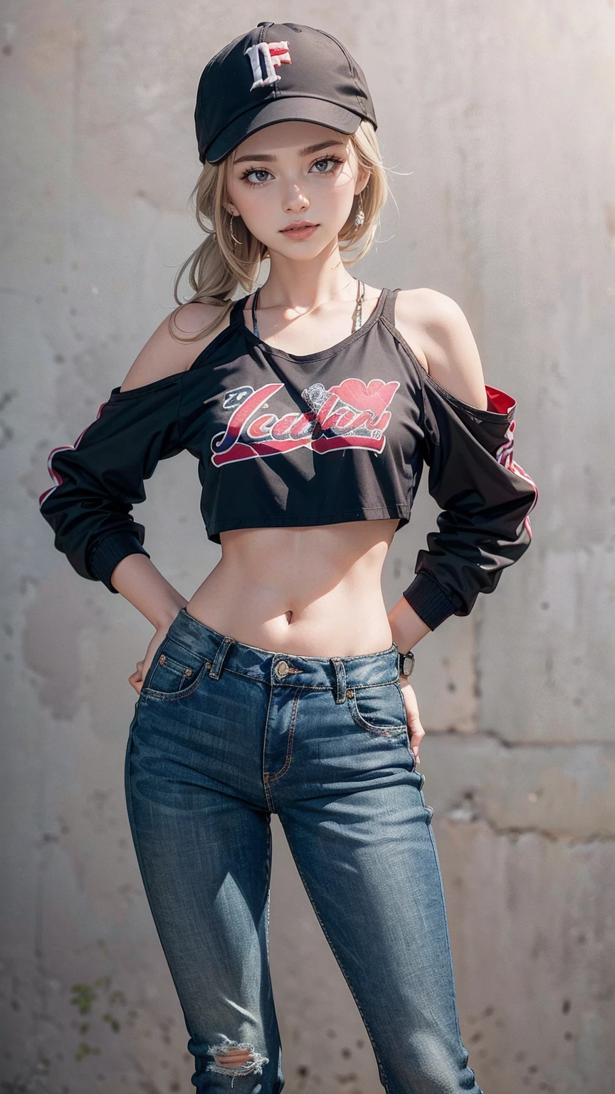((最high quality, 8K, masterpiece: 1.3, Ultra HD, high quality, 最high quality, High resolution, realism)) 、25 year old white woman、platinum blonde、blue eyes、long hair、hair above one eye、smile、slender、A soft and plump feminine body、I don't want my head to disappear from the screen.、Accessorize your wrist、Wearing red nail polish、I have a peticure、(high color saturation:1.0), (highly detailed skin), (最high quality:1.0), (超High resolution:1.0) ,(realistic:1.0), (Super detailed:1.0), (8K, Raw photo:1.1), Wear a T-shirt、Midriff Jacket((midriff jacket))((outta))wear、Midriff Jacket((midriff jacket))((outta))roll up the sleeves of、wear skinny jeans、wear sneakers、put both hands on hips、wear a watch、spread your legs shoulder-width apart、smile、Pastel blue background、wear a baseball cap backwards
