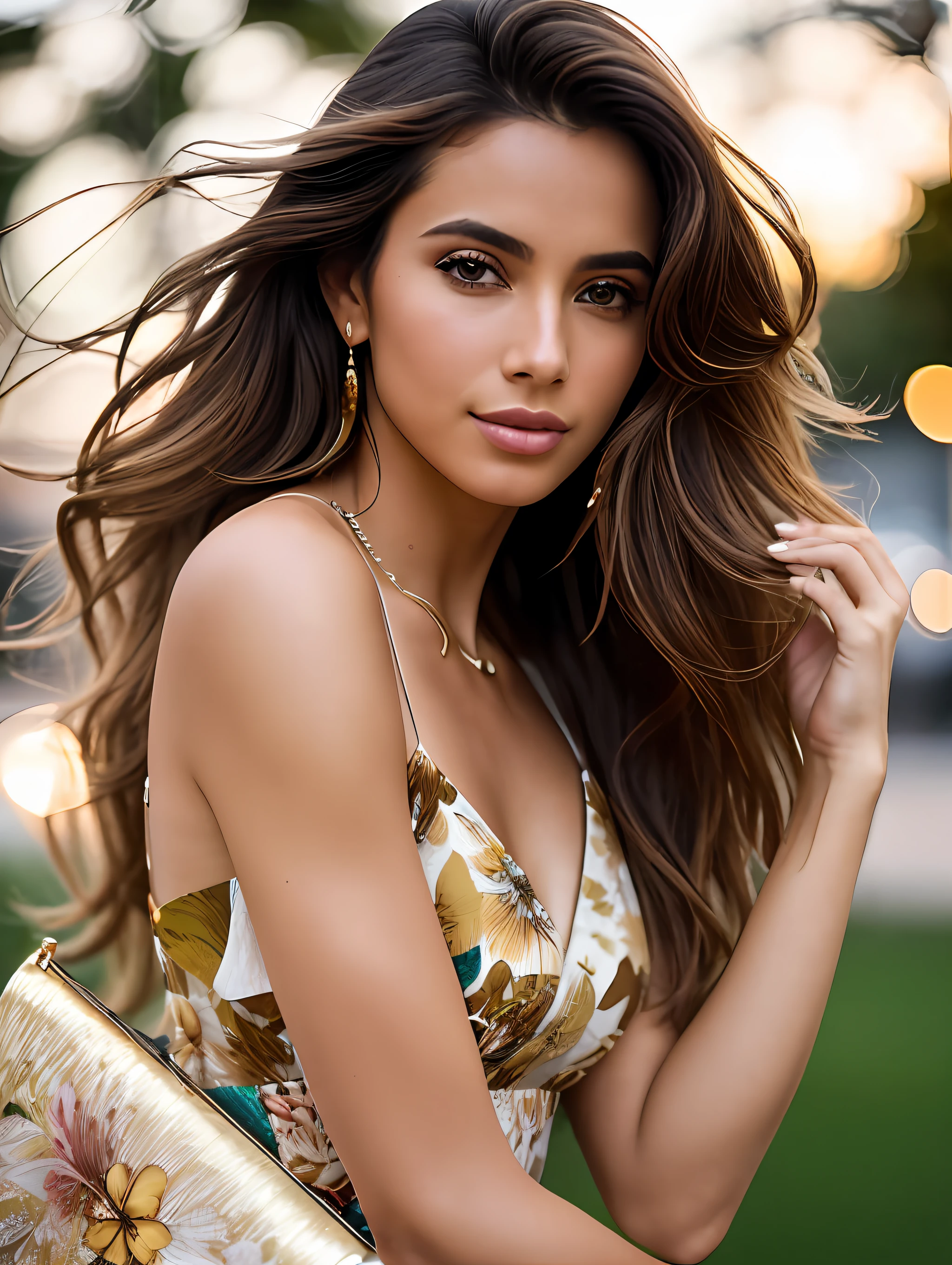 foto de uma linda e deslumbrante supermodelo brasileira, olhos de mel, cabelo castanho claro longo, messy and windy, sacudindo o cabelo, close up ampliado em retrato de corte apertado, andando por um (fugitivo em uma cena de desfile de moda pessoas:1.2) vestindo um (haute couture flowing floral dress:1.3) (expensive clutch bag in hand:1.3) (Lighting-Gold:1.2) detalhes do fundo dos objetos em primeiro plano (obra de arte:1.2) (Fotorrealista:1.2) (Bokeh:1.2) (Melhor qualidade) (color grading) (pele detalhada:1.3) (intrincado) (8k) (HDR) (cinematic lighting:1.3) (sharp focus), cabelo messy and windy