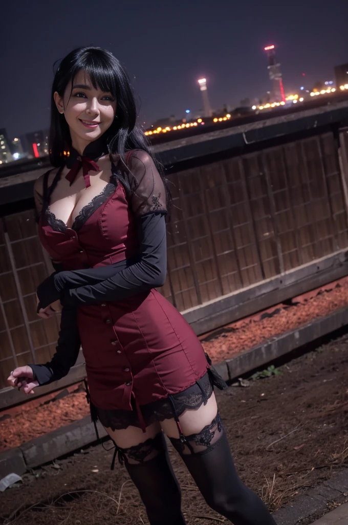 Short dress, lace stockings ta sensual dark red, abandoned city and next to or train in an environment of ((night photography)) Lauren Jauregui, smiling and happy in a