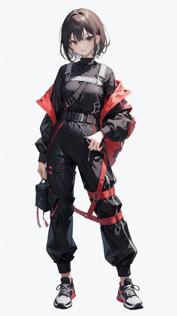 girl,1 person,medium hair,Harness,pants,Jersey,sneakers,simple background,smile,whole body,full body,standing position,Standing picture,VTuber,front,How to look at the viewer,視線をfrontに,arm to the side