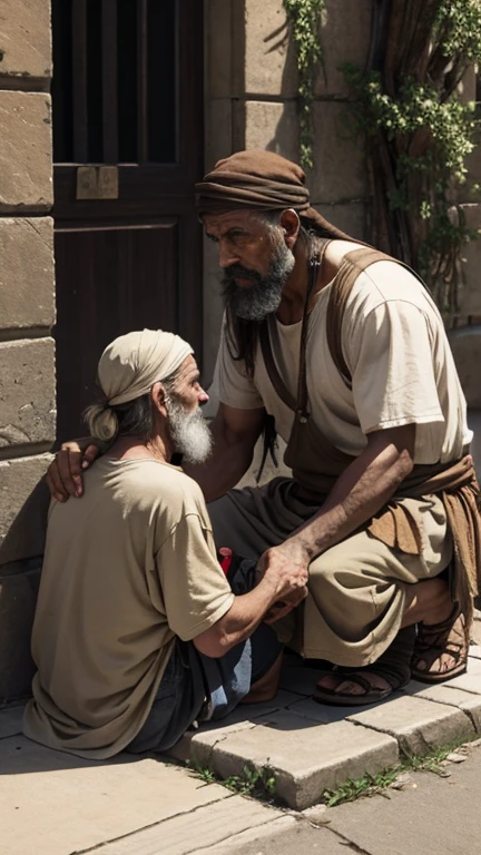 Ancient man helping homeless man