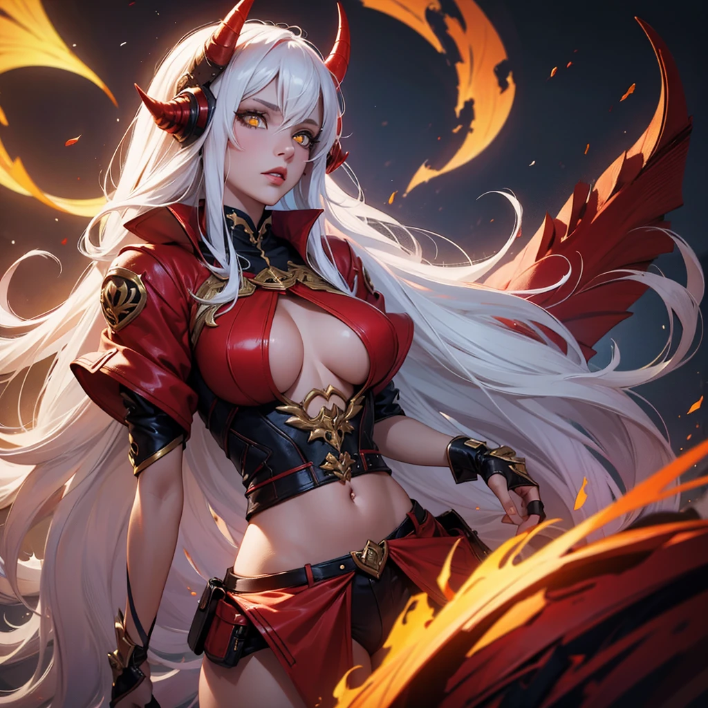 (((red-skinned girl))),((long white hair, yellow eyes,sexy clothes,big breasts,red horns)),vivid colors,fantasy style,dramatic lighting,(best quality,4k,8k,highres,masterpiece:1.2),ultra-detailed,(realistic:1.1),(HDR:1.1),(portraits:1.1),intense colors,sharp focus,physically-based rendering,extreme detail description,vibrant background,ethereal atmosphere, cute girl