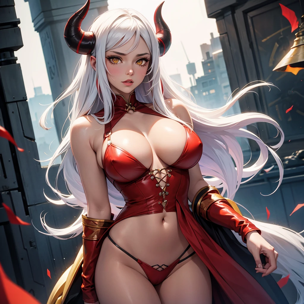 (((red-skinned girl))),((long white hair, yellow eyes,sexy clothes,big breasts,red horns)),vivid colors,fantasy style,dramatic lighting,(best quality,4k,8k,highres,masterpiece:1.2),ultra-detailed,(realistic:1.1),(HDR:1.1),(portraits:1.1),intense colors,sharp focus,physically-based rendering,extreme detail description,vibrant background,ethereal atmosphere, cute girl