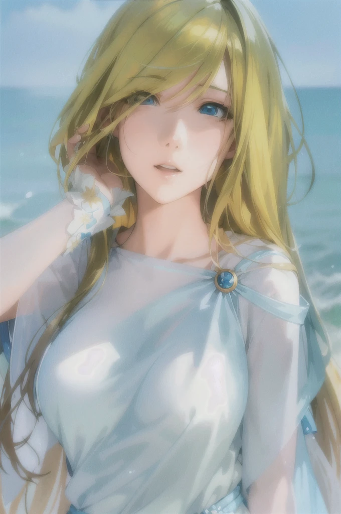 Anime girl with long blonde hair and blue dress on the beach, anime goddess, beautiful anime girl, beautiful anime woman, beautiful attractive anime woman, beautiful anime portrait, art germ on artstation pixiv, digital anime art, long hair blonde anime girl, art germ. anime illustration, beautiful anime, ! dream art germ, anime digital art、Free Pose