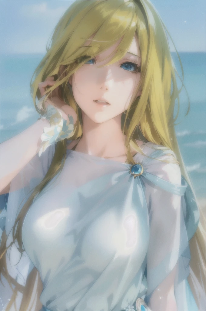 Anime girl with long blonde hair and blue dress on the beach, anime goddess, beautiful anime girl, beautiful anime woman, beautiful attractive anime woman, beautiful anime portrait, art germ on artstation pixiv, digital anime art, long hair blonde anime girl, art germ. anime illustration, beautiful anime, ! dream art germ, anime digital art、Free Pose