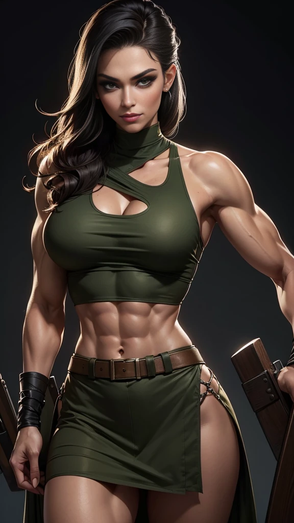 A gorgeous and stunning female soldier fighting on the battlefield, smirking sadistically, smiling sadistically, high rank, dominant, challenging demeanor, smug, teasing, tall, statuesque, imposing, towering, biceps, triceps, eight pack abs, extremely defined abs, tank top, wide shoulders, narrow hips, narrow waist, huge breasts, slim, slender, toned, long eyelashes, make up, perfect eyes, eyeliner, perfect lips, long fingers, delicate fingers, long nails, supermodel, tattoo on shoulder, (military uniform), tanned skin, official uniform, colonel, marshal, lieutenant,