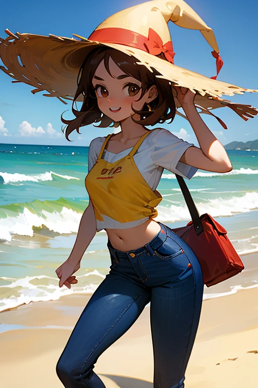 1 chica, has brown hair, has brown eyes, esta alegre, tiene una polera blanca, esta en la playa, mira de frente a la camara, lleva una cartera roja, lleva pantalon jeans, tiene un sombrero de playa