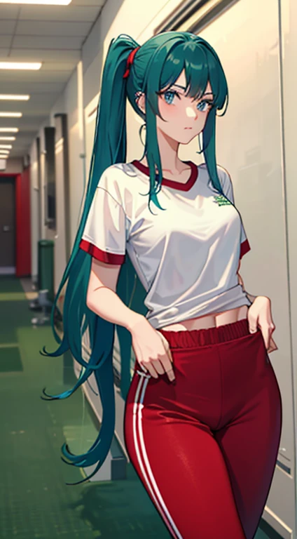 A hot female student with dark green long ponty-tail hair and blue eyes in gym shirt with red track pants, background is a hallway in a ship
