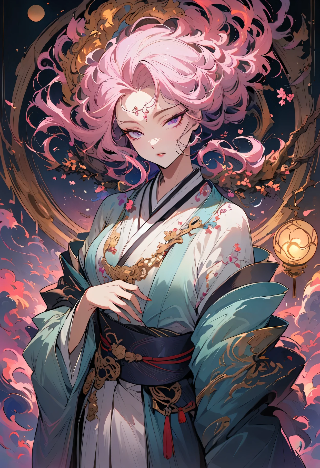 surreal, Very detailed, and a high resolution 16k image of a young man, Beautiful female ghost or guardian angel. She has light pink hair and translucent skin, Wearing a traditional Japanese kimono，There is a small cherry blossom pattern on the belt. The image captures the ethereal beauty and mystery of the world. Style inspired by sophistication, Soft aesthetics in traditional Japanese art.