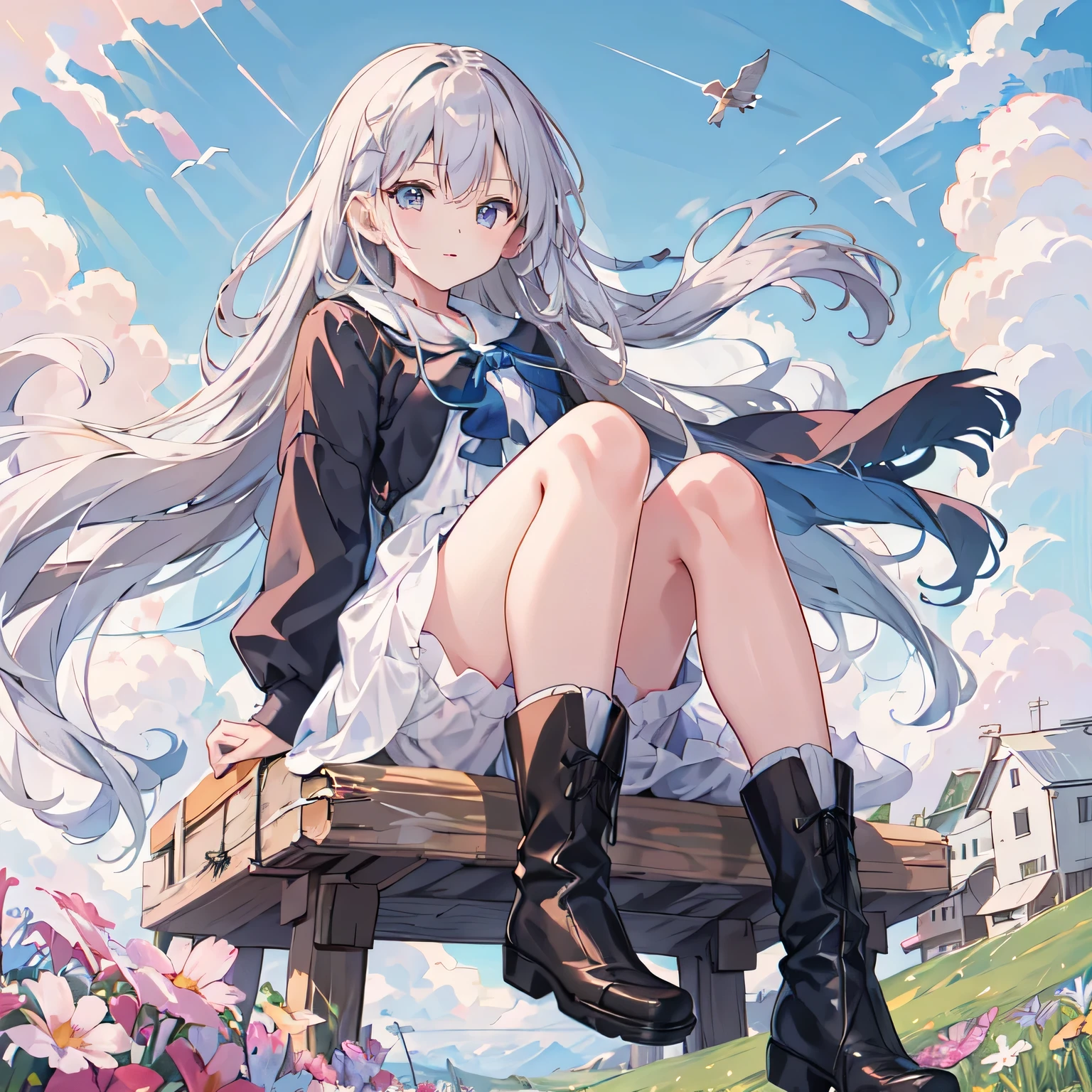 riding a flying object in the sky、blue sky、summer, Wind, scratch, sun, meadows and fields, Perfect face and blonde hair、Wearing a light summer dress、Delicate beauty in black boots、