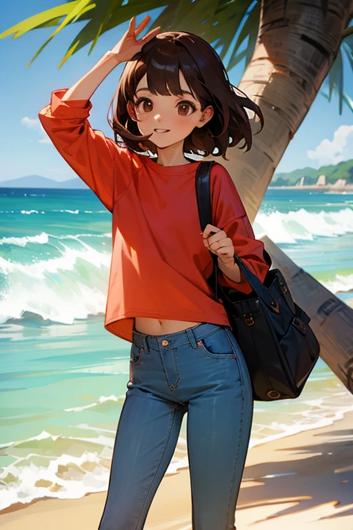 1 chica, has brown hair, has brown eyes, esta alegre, tiene una polera blanca, esta en la playa, mira de frente a la camara, lleva una cartera roja, lleva pantalos jeans, junto a ella un chico de cabello negro, el tiene una polera roja sin mangas