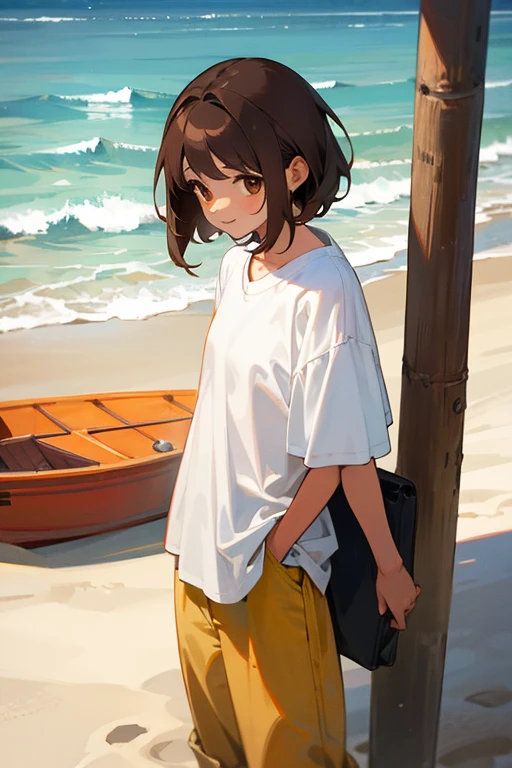 1 chica, has brown hair, has brown eyes, esta alegre, tiene una polera blanca, esta en la playa, mira de frente a la camara, lleva una cartera roja, lleva pantalos jeans, junto a ella un chico de cabello negro, el tiene una polera roja sin mangas