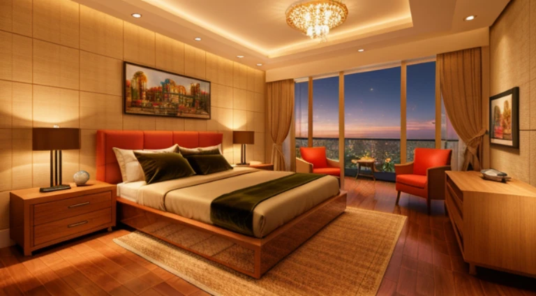 (a refined bed room experience), a girl stepped into the room, feeling as if she entered an exquisite art gallery. The ceiling is high, adorned with modernist oil paintings that are vibrant and full of life. The sofa is upholstered with top-grade velvet material, providing a touch as soft as silk. Cloud-shaped chandeliers and marble sculptures intertwine, creating an atmosphere of art and luxury. The decorative pieces are thoughtfully arranged, each resembling a masterpiece created by an artist. In this meticulously designed space, I couldn't help but be captivated by the unique charm of art. (best quality,4k,8k,highres,masterpiece:1.2),ultra-detailed,(realistic,photorealistic,photo-realistic:1.37), sophisticated colors, vivid hues, studio lighting