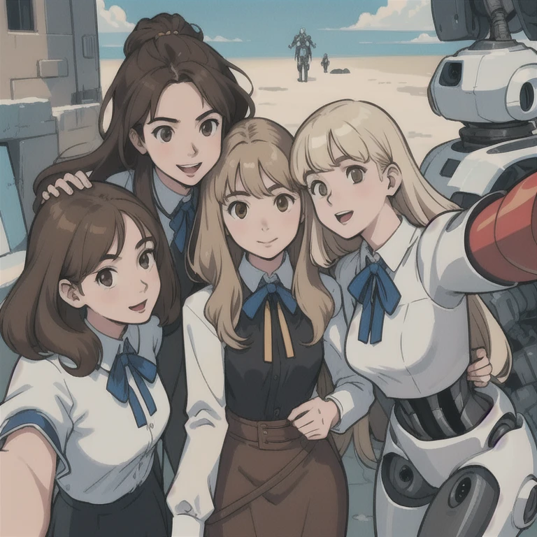 perfect anime illustration,
 masterpiece,
full body,
 teen robot girl,
 Everyone except their faces are machines.,
 All internal skeletons exposed,
 medium breasts,
 multiple robot girls,
 millions of robot girl sisters,
 thousands of robot girl sisters,
 (((blonde robot girl,
 brown hair robot girls))),
 Robot sisters of the same age,
 rich sexy robot girl,
 brown hair,
 blonde hair,
 curly hair,
 long hair,
 different hair colors,
 hazel eyes,
 smile, white skin, (((From the neck down is a machine ,Group Selfie ))), High resolution, full body, group of sisters