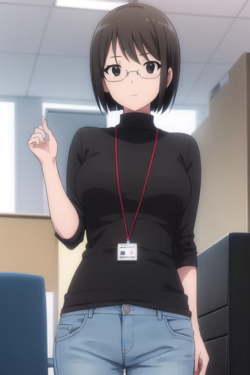lucyyamagami, lucy yamagami, short hair, black hair, (black eyes:1.5), ahoge, glasses,
BREAK pants, sweater, turtleneck, id card, lanyard,
BREAK indoors, office,
BREAK looking at viewer, (cowboy shot:1.5),
BREAK (masterpiece:1.2), best quality, high resolution, unity 8k wallpaper, (illustration:0.8), (beautiful detailed eyes:1.6), extremely detailed face, perfect lighting, extremely detailed CG, (perfect hands, perfect anatomy),