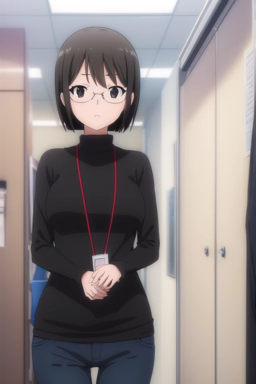 lucyyamagami, lucy yamagami, short hair, black hair, (black eyes:1.5), ahoge, glasses,
BREAK pants, sweater, turtleneck, id card, lanyard,
BREAK indoors, office,
BREAK looking at viewer, (cowboy shot:1.5),
BREAK (masterpiece:1.2), best quality, high resolution, unity 8k wallpaper, (illustration:0.8), (beautiful detailed eyes:1.6), extremely detailed face, perfect lighting, extremely detailed CG, (perfect hands, perfect anatomy),