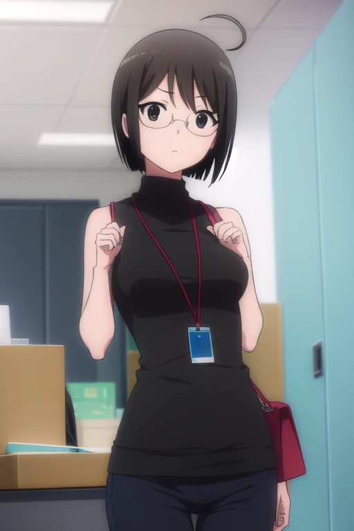 lucyyamagami, lucy yamagami, short hair, black hair, (black eyes:1.5), ahoge, glasses,
BREAK pants, sweater, turtleneck, id card, lanyard,
BREAK indoors, office,
BREAK looking at viewer, (cowboy shot:1.5),
BREAK (masterpiece:1.2), best quality, high resolution, unity 8k wallpaper, (illustration:0.8), (beautiful detailed eyes:1.6), extremely detailed face, perfect lighting, extremely detailed CG, (perfect hands, perfect anatomy),