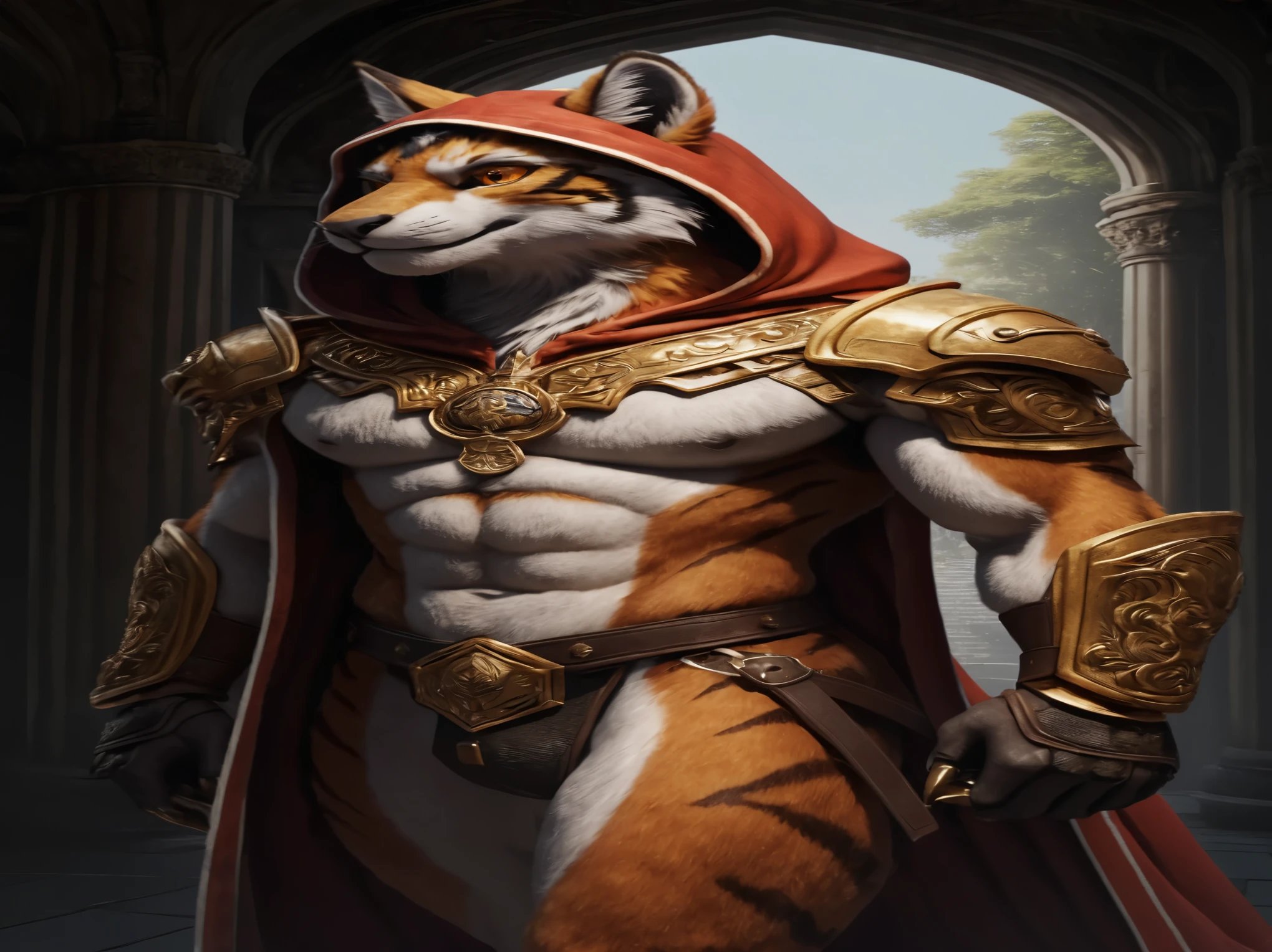 full body view, orange fur wild beast half-man with dark stripes, orange fur body, muscular and golden eyes, hands with sharp claws, shiny ornate armor with noble details with fur coat, with hood up, with noble details
UHD, retina, masterpiece, ccurate, anatomically correct, textured skin, super detail, high details, high quality, award winning, best quality, highres, 1080P, HD, 4K, 8k, 16k