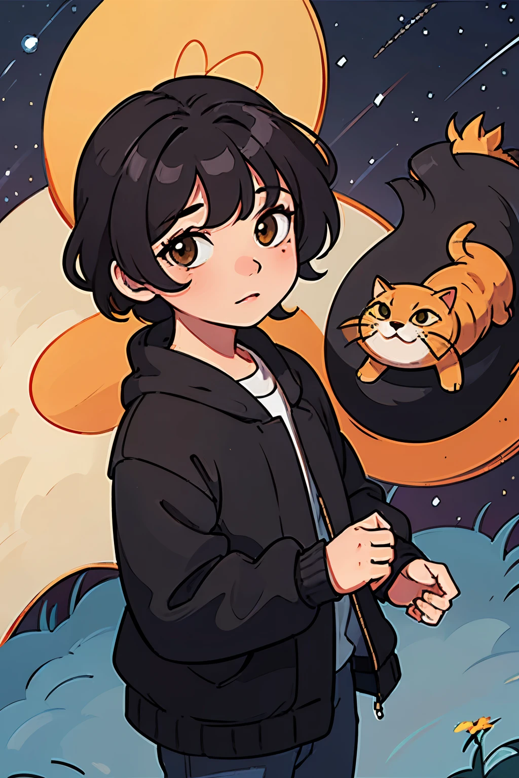 crea un dibujo de un gato negro y un gato naranja viendo la noche estrellada de Van Gogh
