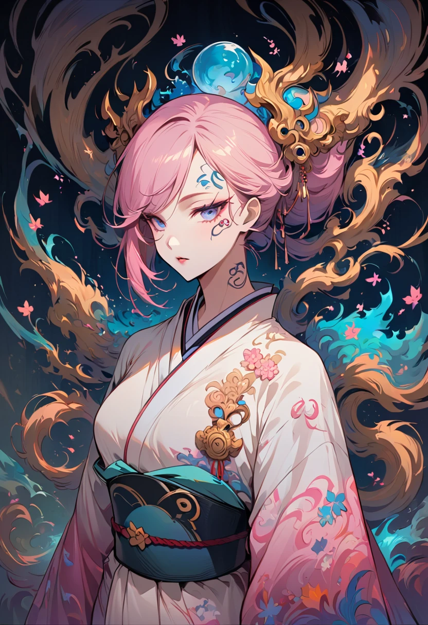 surreal, Very detailed, and a high resolution 16k image of a young man, Beautiful female ghost or guardian angel. She has light pink hair and translucent skin, Wearing a traditional Japanese kimono,face tattoo(Meaningful Chinese character writing:1.1),There is a small cherry blossom pattern on the belt. The image captures the ethereal beauty and mystery of the world. Style inspired by sophistication, Soft aesthetics in traditional Japanese art.