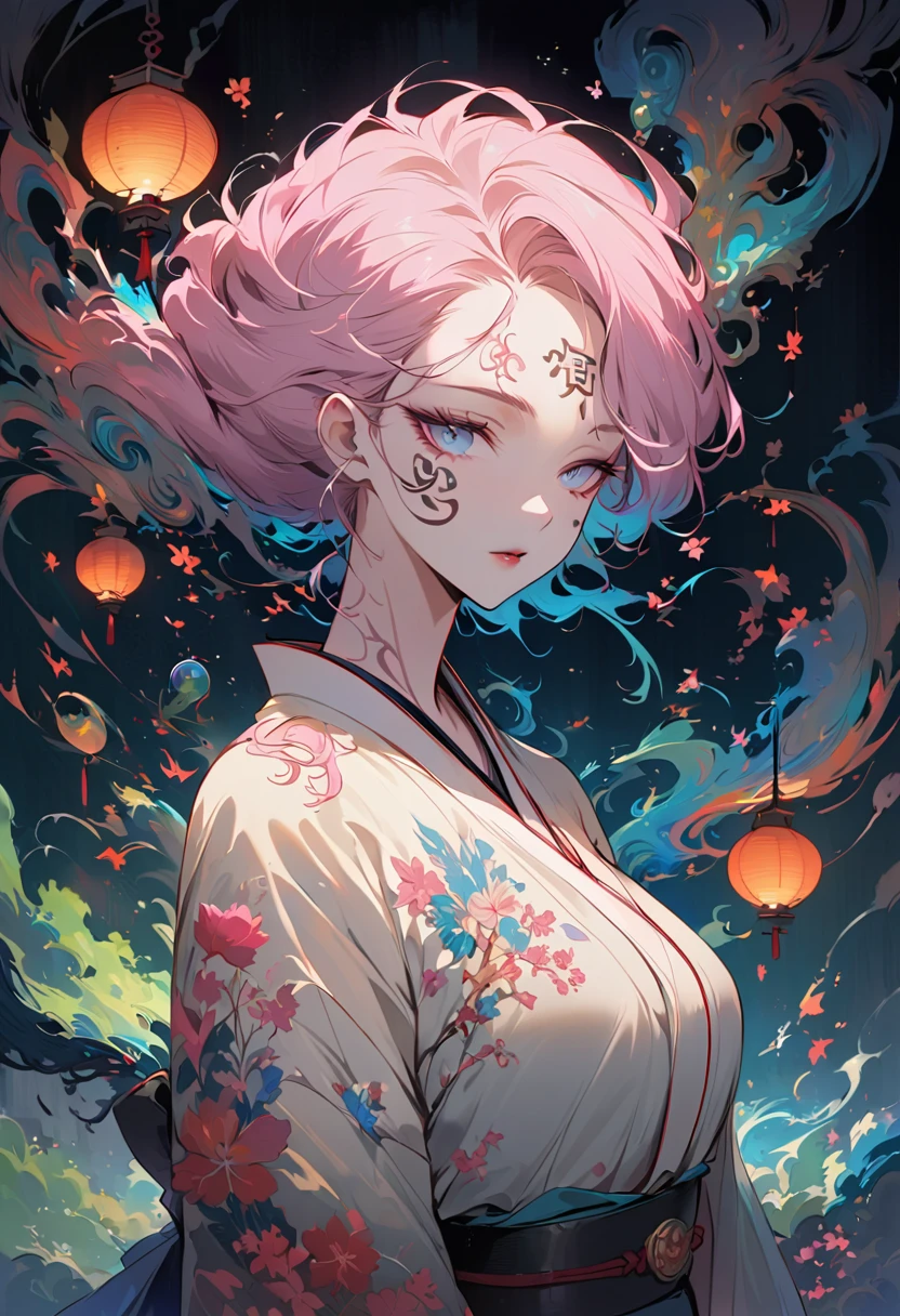 surreal, Very detailed, and a high resolution 16k image of a young man, Beautiful female ghost or guardian angel. She has light pink hair and translucent skin, Wearing a traditional Japanese kimono,face tattoo(Meaningful Chinese character writing:1.1),There is a small cherry blossom pattern on the belt. The image captures the ethereal beauty and mystery of the world. Style inspired by sophistication, Soft aesthetics in traditional Japanese art.