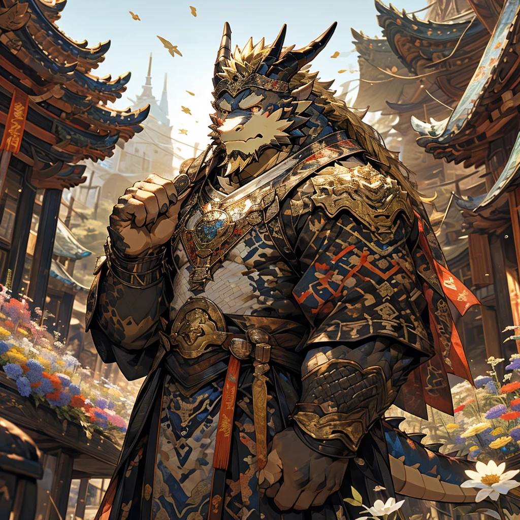 金色皮肤dragon),(黑白阴阳General战袍),With a bow and arrow in his hand,Carrying a quiver，strong posture,stand calmly,(In the background is a city covered in flowers:1.2),abdominal muscles,heroic posture飒爽,完美的masterpiece,Various facial details,distance perspective,specific description,masterpiece,CG,(golden eyes),black and white pattern,Crimson tail,General,heroic posture,dragon,Black and gold fur,Specific facial details,Half body,(黑白阴阳General战履),(Chang Ling),((middle aged)),(Face focus),(16K),HD,black and white belly,Chinese style,beard,(Face line),different students,(Black and white yin and yang shirt),(Black and blond hair),Strong,muscle,(High resolution:1.3),(Standing in front of a city covered with flowers),(close up),(Detailed face:1.5),Perfect details,(Half body),(Detailed depiction of face:1.5),(Zoom in on face:1.5),(白色Face line:1.2),(黑色beard:1.3),(white face;1.6),金色身体dragon