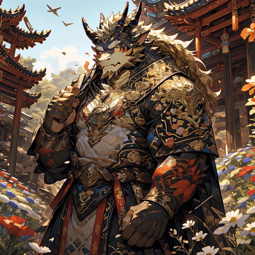 金色皮肤dragon),(黑白阴阳General战袍),With a bow and arrow in his hand,Carrying a quiver，strong posture,stand calmly,(In the background is a city covered in flowers:1.2),abdominal muscles,heroic posture飒爽,完美的masterpiece,Various facial details,distance perspective,specific description,masterpiece,CG,(golden eyes),black and white pattern,Crimson tail,General,heroic posture,dragon,Black and gold fur,Specific facial details,Half body,(黑白阴阳General战履),(Chang Ling),((middle aged)),(Face focus),(16K),HD,black and white belly,Chinese style,beard,(Face line),different students,(Black and white yin and yang shirt),(Black and blond hair),Strong,muscle,(High resolution:1.3),(Standing in front of a city covered with flowers),(close up),(Detailed face:1.5),Perfect details,(Half body),(Detailed depiction of face:1.5),(Zoom in on face:1.5),(白色Face line:1.2),(黑色beard:1.3),(white face;1.6),金色身体dragon