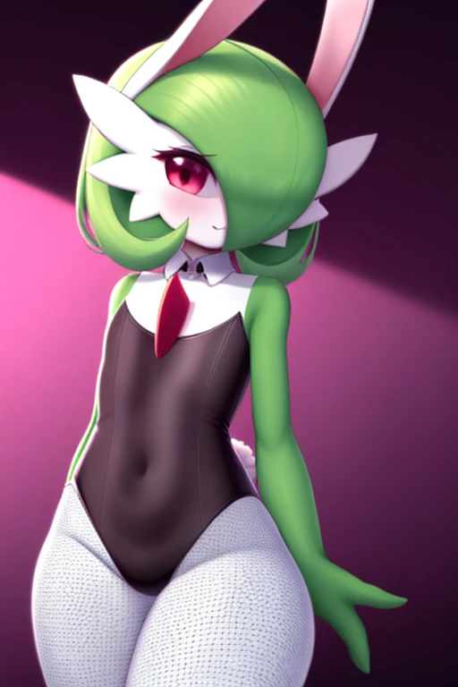 A Gardevoir wearing a tight pale pink leotard, which highlights her feminine and elegant figure. The leotard is decorated with delicate and elegant details that reinforce its refined and comfortable appearance. Additionally, Gardevoir wears little bunny ears on top of her head, which add a playful and charming touch to her look. These little ears are soft and fluffy, in a soft pink tone that matches perfectly with her leotard.