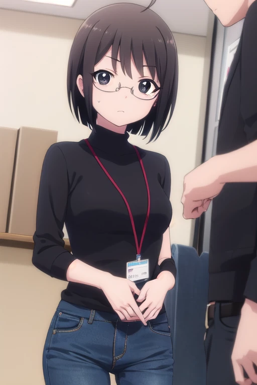 lucyyamagami, lucy yamagami, short hair, black hair, (black eyes:1.5), ahoge, glasses, BREAK pants, sweater, turtleneck, id card, lanyard, BREAK indoors, office, BREAK looking at viewer, (cowboy shot:1.5), BREAK (masterpiece:1.2), best quality, high resolution, unity 8k wallpaper, (illustration:0.8), (beautiful detailed eyes:1.6), extremely detailed face, perfect lighting, extremely detailed CG, (perfect hands, perfect anatomy),