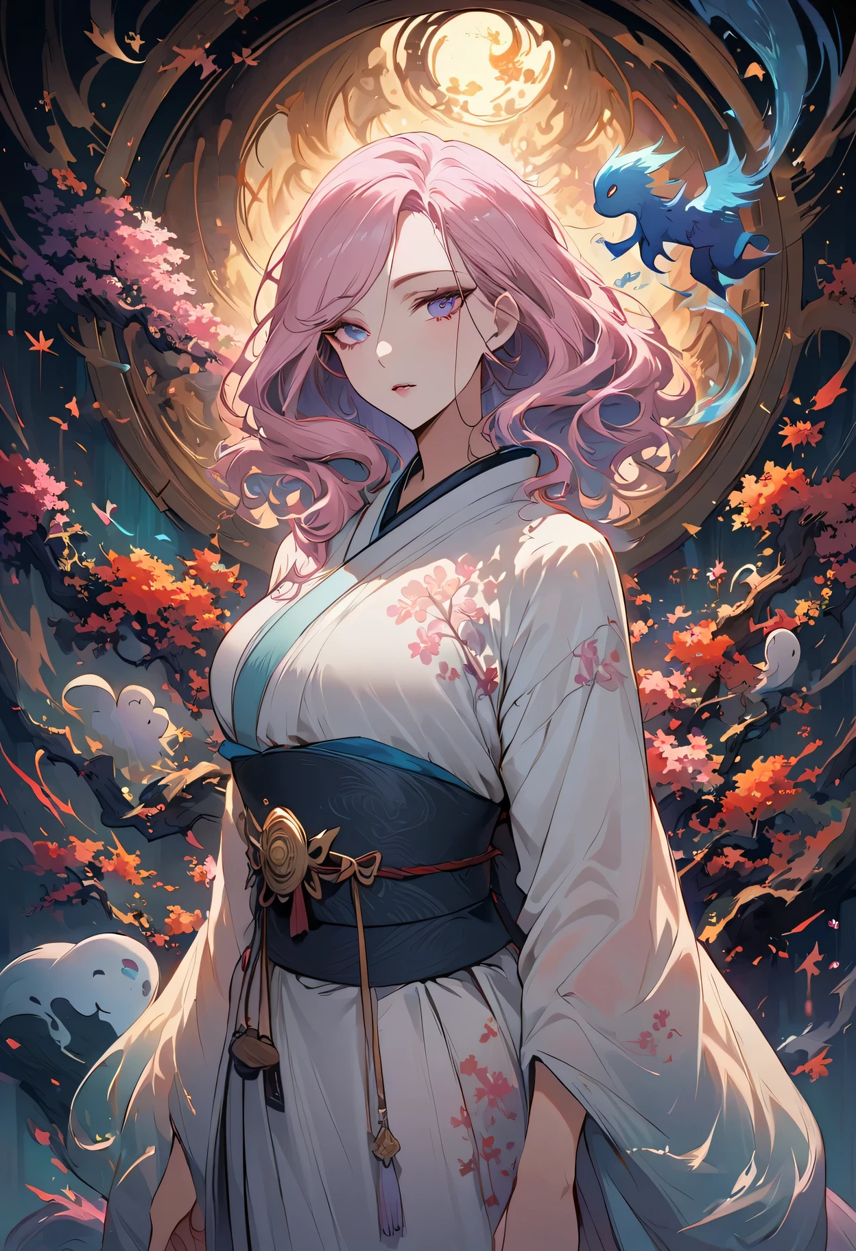 surreal, Very detailed, and a high resolution 16k image of a young man, Beautiful female ghost or guardian angel. She has light pink hair and translucent skin, Wearing a traditional Japanese kimono，There is a small cherry blossom pattern on the belt. The image captures the ethereal beauty and mystery of the world. Style inspired by sophistication, Soft aesthetics in traditional Japanese art.