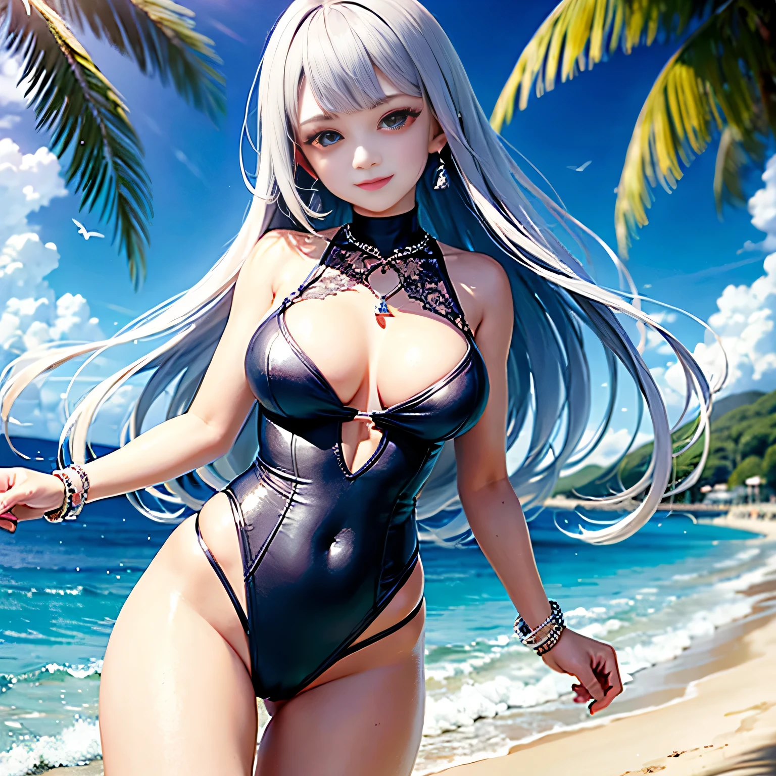 vulgar,((Kamisato Ayaka in Genshin Impact)),solo, ((semi long beautiful silver blue hair,beautiful blue eyes)),
low angle,from below, ((masterpiece, highest resolution,best quality)), (illustration),(white beautiful elegant one piece swimsuit),(walking around the beach),gleaming skin,wet,
innocent smile, white over-kneehighs,Lace chalker, wristband, fingerless gloves, over-kneehighs,
Lace chalker, diamond necklace,wristband, fingerless gloves, earrings, windy,cinematic lighting and pause, beach, sand, blue sky, waves, coconut tree,fish,boat,sea gull,
