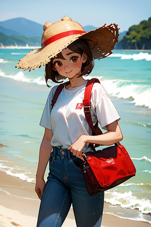 1 chica, has brown hair, has brown eyes, esta alegre, tiene una polera blanca, esta en la playa, mira de frente a la camara, lleva una cartera roja, lleva pantalos jeans, y una mochila roja