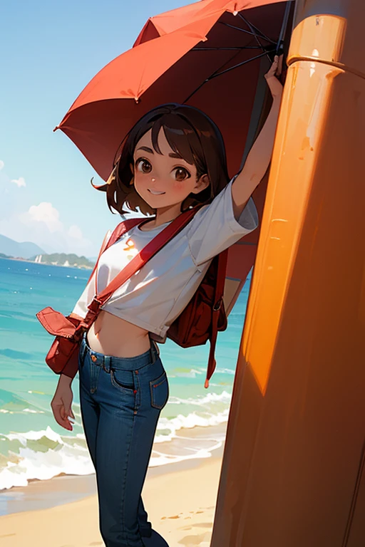 1 chica, has brown hair, has brown eyes, esta alegre, tiene una polera blanca, esta en la playa, mira de frente a la camara, lleva una cartera roja, lleva pantalos jeans, y una mochila roja