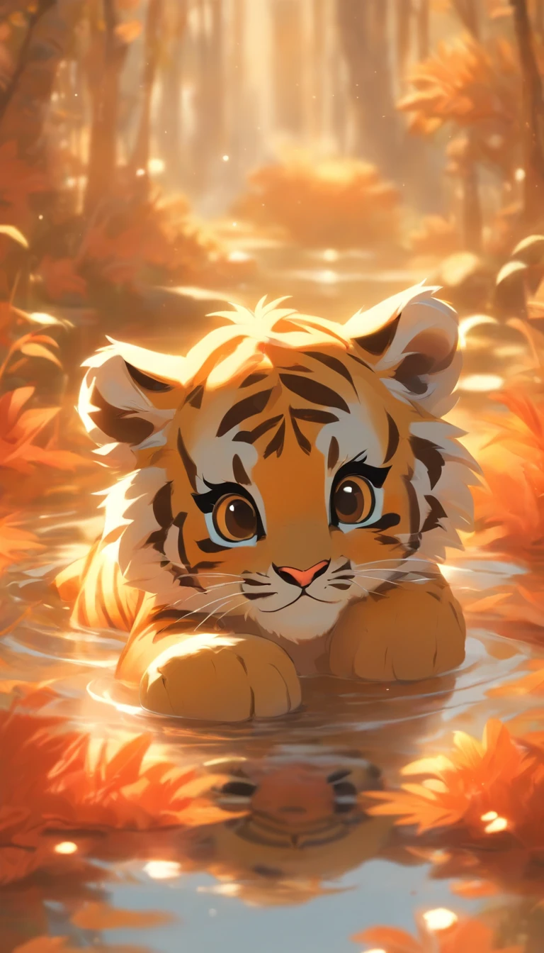 The image depicts a beautifully rendered illustration of a young tiger cub in a whimsical, dreamlike setting. The cub has striking orange fur with bold black stripes, and its large, expressive eyes gaze directly at the viewer with a curious and endearing expression.
The cub's face is the focal point of the image, with its features meticulously detailed, from the delicate whiskers and pink nose to the soft, fuzzy texture of its fur. The coloring is vivid and vibrant, with various shades of orange, white, and black blending seamlessly.
The background is a surreal and ethereal landscape, with a swirl of warm hues and abstract shapes that resemble leaves or petals floating in the air. The colors range from deep oranges and reds to soft yellows and creams, creating a warm and inviting atmosphere.
The cub appears to be lying in a shallow body of water or a reflective surface, which adds depth and dimension to the image. The reflection in the water is slightly distorted, creating a dreamlike quality that enhances the whimsical nature of the scene.
Overall, the image exudes a sense of wonder and innocence, capturing the beauty and charm of the tiger cub in a captivating and imaginative way.