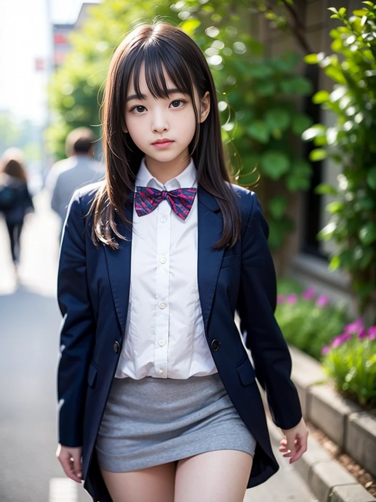 (masterpiece, highest quality:1.4), award-winning portraits, 8K, 85mm, alone, beautiful face, delicate girl, , (dark navy blazer jacket), dark navy skirt, long sleeve, violaces, gardenia, grace, Sophisticated, cute, teen, looking at the viewer, ************, Raw photo, disorganized, HDR, sharp focus, A bow tie, background bokeh、(((flat 、thin and delicate body、A childish atmosphere)))、Her shiny semi-long hair is tied up、hair swaying in the wind、Mole on the left cheek、large, round, dark blue eyes、full body、random pose、Run、sprinting、Skirt fluttering in the wind、Junior idol、Nogizaka Idol、widening skirt、jump、mole under eye、sexy、