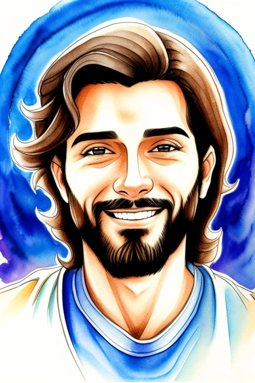 Jesus sorrindo, centrado, centro da imagem, panoramic scene, fundo preto, tela preta, criativo, sketch art, Aquarela, colorido, arte da camiseta, Desenho Vetorial.
