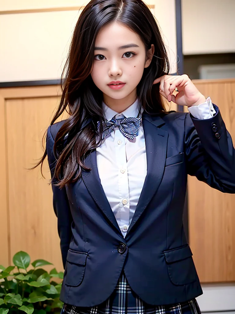 (masterpiece, highest quality:1.4), award-winning portraits, 8K, 85mm, alone, beautiful face, delicate girl, , (dark navy blazer jacket), dark navy skirt, long sleeve, violaces, gardenia, grace, Sophisticated, cute, teen, looking at the viewer, 15 years old, Raw photo, disorganized, HDR, sharp focus, A bow tie, background bokeh、(((flat 、thin and delicate body、A childish atmosphere)))、Her shiny semi-long hair is tied up、hair swaying in the wind、Mole on the left cheek、large, round, dark blue eyes、full body、random pose、Run、sprinting、Skirt fluttering in the wind、Junior idol、Nogizaka Idol、widening skirt、jump、mole under eye、sexy、