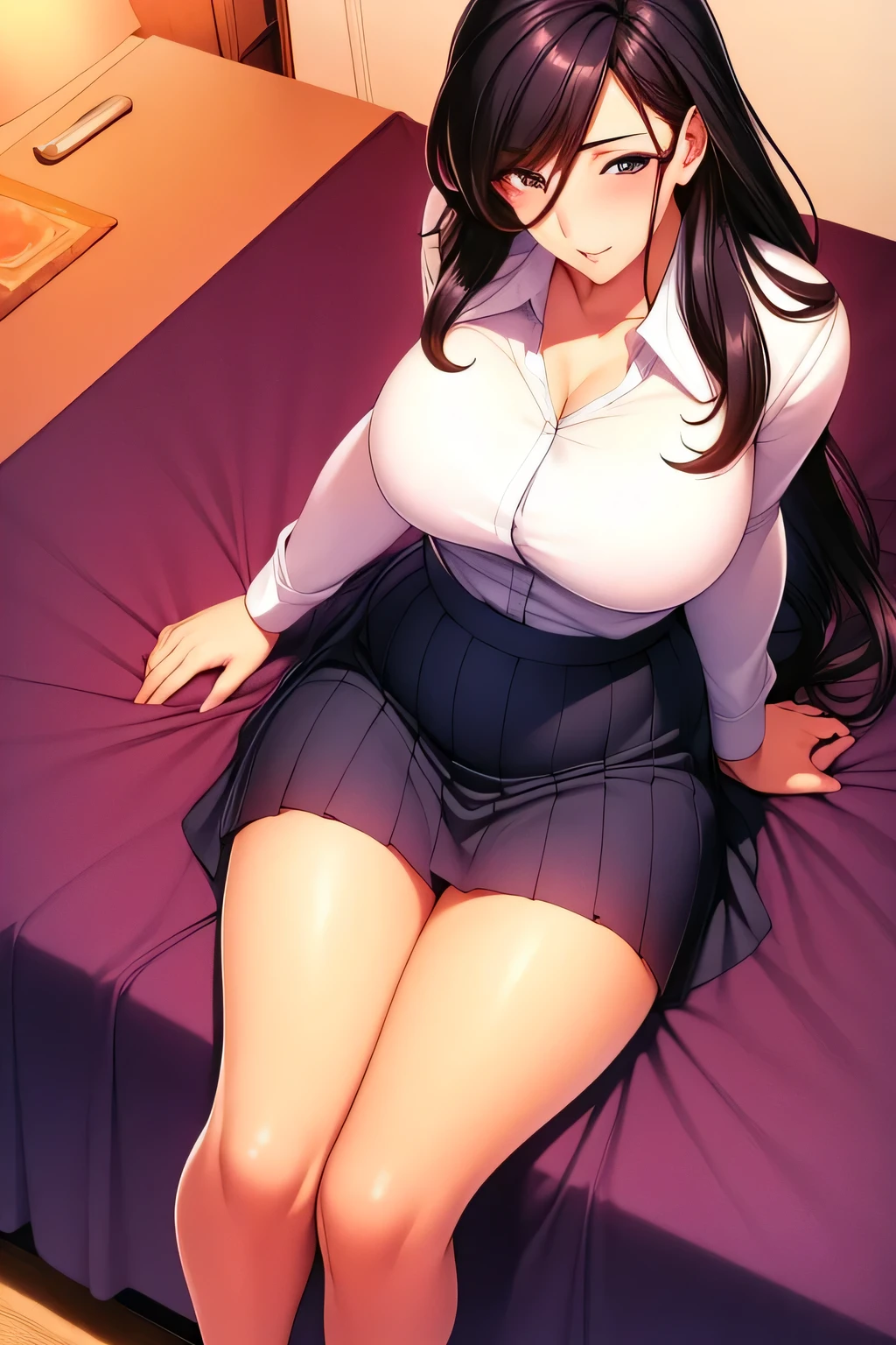 from above,masterpiece,Best quality,1girl,black long hair,Mature and intellectual lady,beautiful,pleated skirt,shirt tucked in,tented shirt,castle,at noon