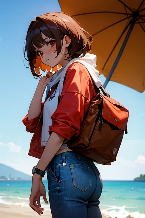 1 chica, has brown hair, has brown eyes, esta triste, tiene una polera blanca, esta en la playa, mira de frente a la camara, lleva una cartera roja, lleva pantalos jeans, y una mochila roja, es de noche