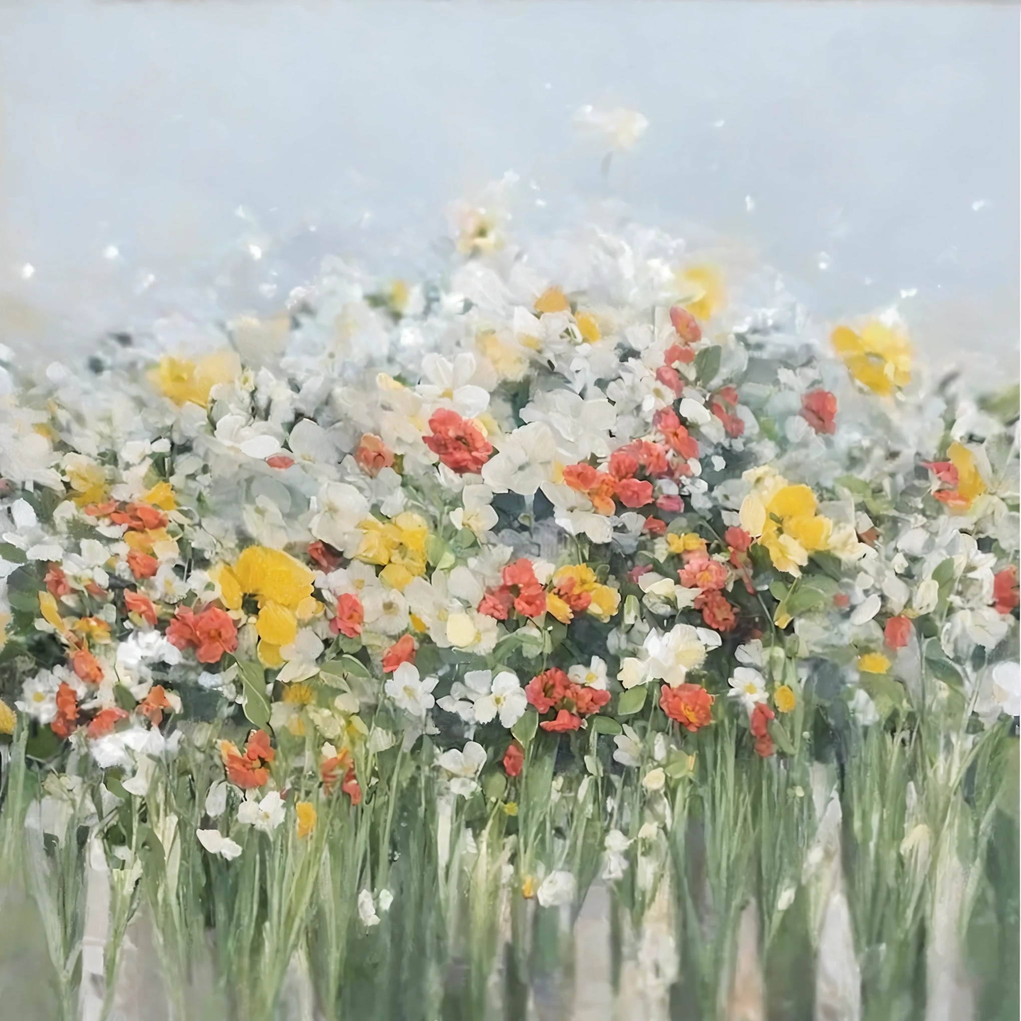 a painting of a flower field with a sky background, Flowers meadow, Flowers on the grass, summer meadows, flower field, in a flower field, field flowers, Meadows with flowers, Full color w 1024, Flower splash painting, flower field, flower field, southern wildflowers, 混合flower field, flower explosion, 幻想flower field,spring atmosphere,Blue sky and white clouds