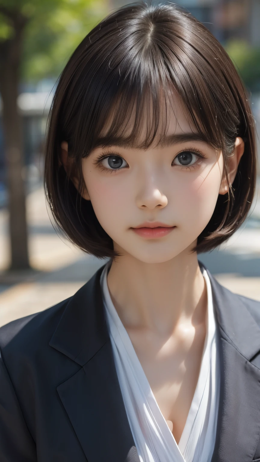 ((sfw: 1.4)), ((detailed face, professional photography)), ((sfw, office lady, suit, extra short hair, sidelocks-hair, 1 Girl)), Ultra High Resolution, (Realistic: 1.4), RAW Photo, Best Quality, (Photorealistic Stick), Focus, Soft Light, ((15 years old)), ((Japanese)), (( (young face))), (surface), (depth of field), masterpiece, (realistic), woman, bangs, ((1 girl))