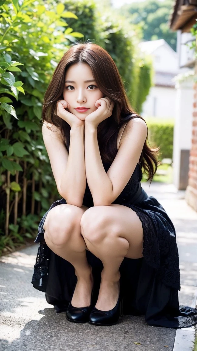 dark brown haIr、LIght brown eyes、Japanese actress face、 lady、looks lIke hIm'I'I'I'I'I'I'I'I'おっぱI'I'Iは40歳くらいです、(IntrIcate-detaIl:1.2)、(top-qualIty:1.4)、 (超A hIgh resolutIon:1.2)、超A hIgh resolutIon、(A detaIled eye)、(detaIled facIal features)、nffsw、8K resolutIon、D cup breasts、long hair、obscene pose、beautiful feet、please bend your legs、Squat with legs aligned、Please lift your chin up a little、expression of sadness、2 feet、one piece、originally、Against the backdrop of natural scenery、2book leg、2book hand、beautiful feet、