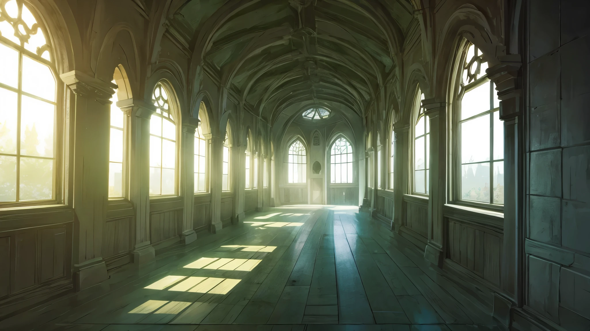 visual novel background, inside an ancient round tower, fantasy tower, high up, windows letting in sun showing the forest outside far below, extremely detailed