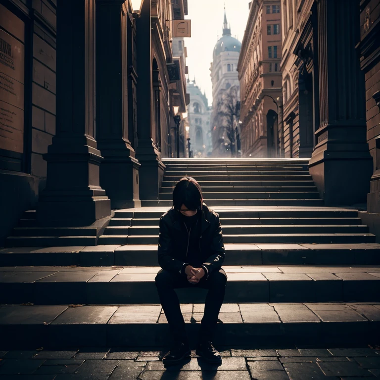 A person is sitting alone on a park bench, shrouded in the darkness of the night. All around, the city is bustling and bustling, but the person is immersed in their thoughts, representing the "dark days and silences" that echo in the solitude of the soul