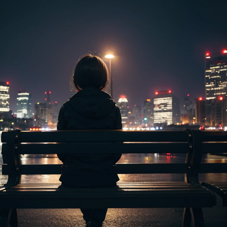 A person is sitting alone on a park bench, shrouded in the darkness of the night. All around, the city is bustling and bustling, but the person is immersed in their thoughts, representing the "dark days and silences" that echo in the solitude of the soul