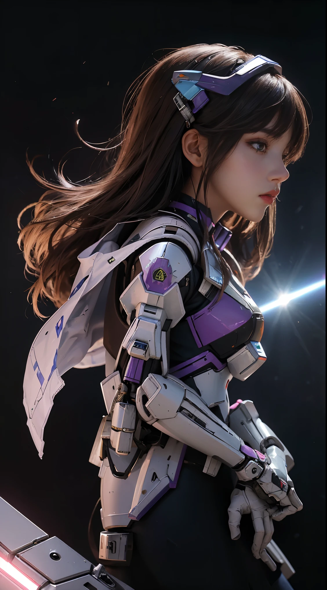 RAW, Masterpiece, Ultra Fine Photo,, Best Quality, Ultra High Resolution, Photorealistic, Sunlight, Full Body Portrait, Stunningly Beautiful,, Dynamic Poses, Delicate Face, Vibrant Eyes, (Side View) a close up of a woman in a pink and white gundam custume, dybamic pose, long brown very very long hair rapunzel, girl in mecha cyber armor, portrait armored astronaut girl, d. va from overwatch, female mecha, on a gundam, gundam head, chiho aoshima color scheme, mobile suit, streamlined purple armor, fully robotic!! girl, realistic cosplay, gundam armor (dynamic pose) (best cameraview), full body