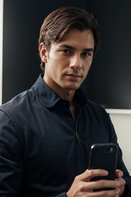 (high-res,photo-realistic),portrait,detailed man,working businessman,holding phone with both hands,fine smoke details,black and navy blue background