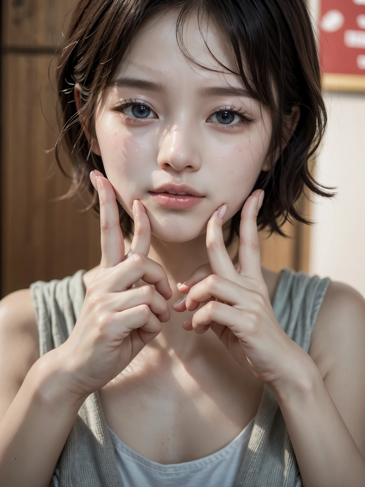 (Gyeongsan:1.5), close, masterpiece, highest quality, Raw photo, realistic, face, incredibly absurd, beautiful girl, cute, short hair, Depth of the bounds written, High resolution, Super detailed, finely, very detailed, very detailed eyes and face, sharp pupils, realistic student, sharp focus, cinematic lighting、(anatomically correct)、(perfect body proportions)、 ((perfect hands))、 (((perfect fingers:1.3)))、(oily skin:1.5)