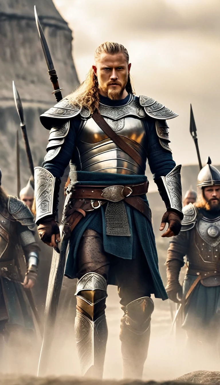 Illustrate the sons of Ragnar lothbrok standing together, wearing armor and holding weapons, ready to fight, heading for King Aella's fortress, crowd cheering for them , detailed face, detailed face expressions, natural face expressions, face in detail, asymmetrical faced,(tall and slender body), fair and smooth skin, detailed hands, detailed fingers, masterpiece, cinematic lighting, physically based rendering, lens flare, award winning rendering, perfect rendering detail, 8K, realism, detailed background, everything in detail, cinematic shot, dynamic lighting, 75mm, Technicolor, Panavision, cinemascope, fine details, 8k, HDR, realism, realistic, key visual, film still, superb cinematic color grading, depth of field, ,midjourney