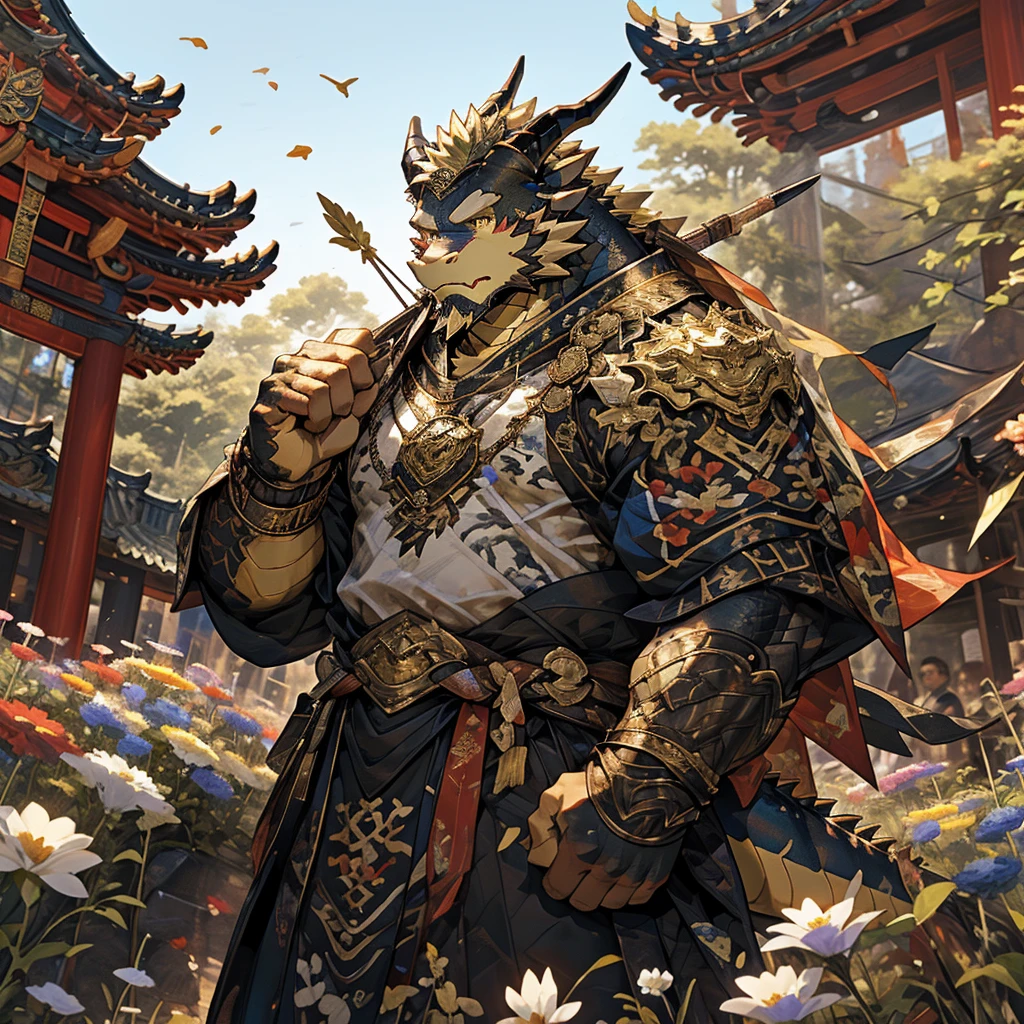 金色皮肤dragon),(黑白阴阳General战袍),With a bow and arrow in his hand,Carrying a quiver，strong posture,stand calmly,(In the background is a city covered in flowers:1.2),abdominal muscles,heroic posture飒爽,完美的masterpiece,Various facial details,distance perspective,specific description,masterpiece,CG,(golden eyes),black and white pattern,Crimson tail,General,heroic posture,dragon,Black and gold fur,Specific facial details,Half body,(黑白阴阳General战履),(Chang Ling),((middle aged)),(Face focus),(16K),HD,black and white belly,Chinese style,beard,(Face line),different students,(Black and white yin and yang shirt),(Black and blond hair),Strong,muscle,(High resolution:1.3),(Standing in front of a city covered with flowers),(close up),(Detailed face:1.5),Perfect details,(Half body),(Detailed depiction of face:1.5),(Zoom in on face:1.5),(白色Face line:1.2),(黑色beard:1.3),(white face;1.6),金色身体dragon